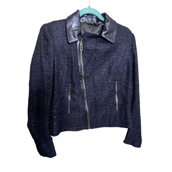 T Tahari Blue Jacket Size M Sparkle Zippers Biker Y2K Business Causal - Picture 1 of 16